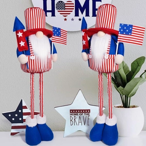 Detail of plush Patriotic Gnomes with telescopic legs and American flag for home decor