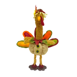 Standing Thanksgiving turkey plush ornament with colorful felt tail and burlap body decor