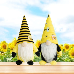 Bee Festival bumblebee gnomes with yellow daisy striped hats on sunflower background