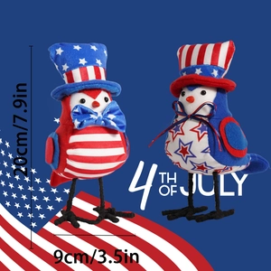 Set of 2 Independence Day bird plush dolls with US flag hat ornaments for table decor