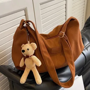 Large Capacity Nylon Hobo Shoulder Bag For Women Casual Dumpling Crossbody Bag With Crochet Bear Pendant Charm Retro Tote Bag