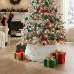 White plush Christmas tree collar with silver sequin snowflakes for tree base decor