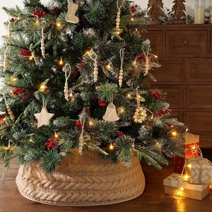 Classic cable knit Christmas tree skirt in beige with adjustable clips for festive decor