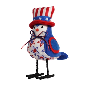 Patriotic July 4th bird figurine with stars and stripes top hat and metal legs
