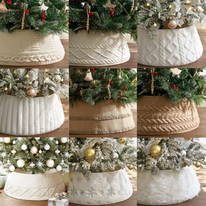 Knit Christmas Tree Collar Adjustable Faux Fur Burlap Tree Skirt With Clips Cable Pattern Tree Base Covers Holiday Party Home Decorations