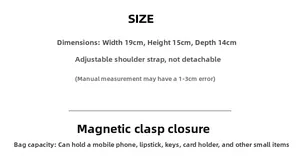 Size guide for vintage chain bucket bag with adjustable strap and magnetic closure