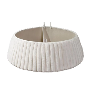 White faux fur knitted Christmas tree skirt with plush pleats and adjustable clips