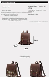 Detailed dimension guide for retro vintage backpack showing 26x15x33cm size and fabric texture