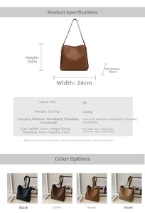 Detailed size specifications for the vintage PU leather bucket bag with four color options