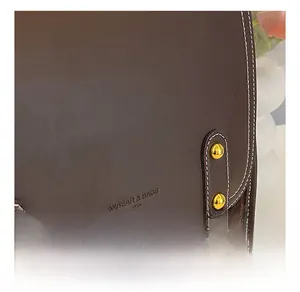 Detail showing brown leather flap with gold buckle and checkered fabric stitching