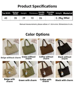 Detailed size chart and color options for the large quilted nylon tote bag with plush charm