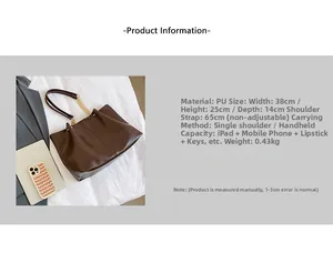 Brown PU leather tote bag details with dimensions 38x25x14cm and gold chain strap