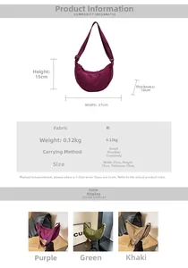 Detailed spec chart of half-moon canvas bag showing size, weight and three colors