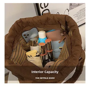 Internal capacity of brown quilted tote bag showing smartphone, wallet and umbrella