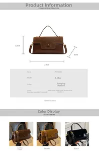 Detail showing dimensions 23x13x8cm and multi-color options of the retro square handbag