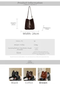 Detailed size chart for retro bucket bag and inner pouch in high-quality PU leather