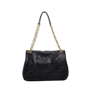 Black quilted shoulder bag with geometric triangle stitching and gold chain strap