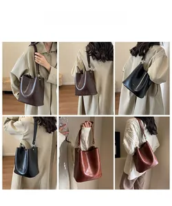 Three colors of vintage bucket bags shown in a collage of multiple lifestyle carrying views