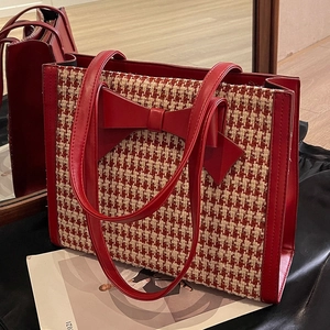 Elegante borsa tote in tweed a quadri rossi con grande fiocco per l'autunno e l'inverno