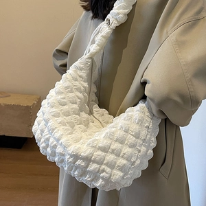 White textured popcorn nylon shoulder bag with large capacity for women's daily wear