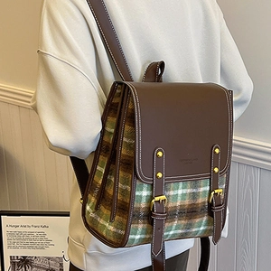 Retro plaid patchwork backpack with leather straps and gold buckles for women