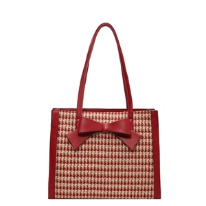Grande borsa tote pied-de-poule rossa e bianca con fiocco per il lavoro e scuola