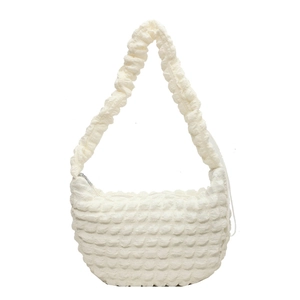 White puffer nylon shoulder bag with bubble texture and minimalist crescent shape design