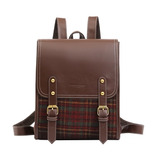 Retro large-capacity brown leather and plaid backpack with stylish metal buckle straps