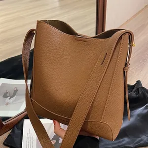 Vintage Women PU Leather Bucket Bag Minimalist Lychee Pattern Single Shoulder Crossbody Bag With Adjustable Strap