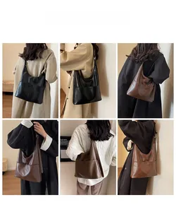 Vista multi-angolo della borsa a secchiello hobo vintage in pelle PU con vari outfit