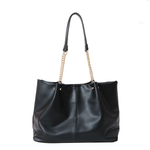 Large black faux leather tote bag with elegant gold chain handles for daily commute