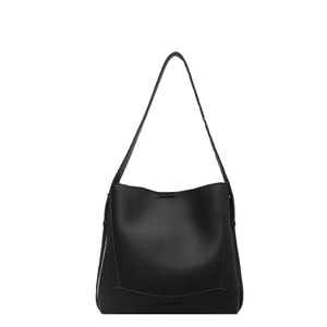 Classic black bucket bag in lychee pattern leather with shoulder strap and metal logo