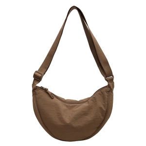 Coffee brown crescent shoulder bag with adjustable wide strap and nylon texture
