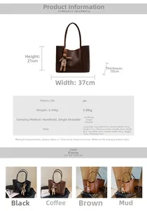 Detailed size specification chart for large PU leather tote bag with dimensions in centimeters
