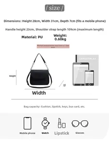 Detailed size chart for the black PU leather tote showing dimensions and strap length
