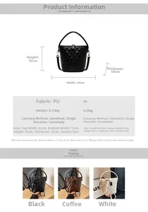 Detailed size chart and multi-view layout of the quilted PU leather bucket bag