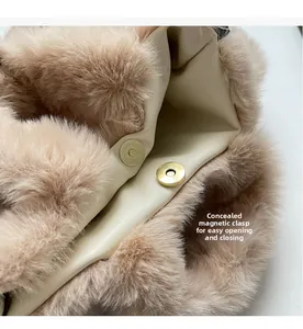 Detail of invisible magnetic closure and plush texture on the faux fur tote bag