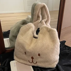 Borsa Tote in Pelliccia Sintetica da Donna Carino Ricamo Faccia di Orso Soffice Grande Capacità Borsa a Tracolla Casual Autunno Inverno