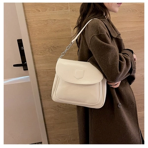 Close-up of cream shoulder bag with leather chain strap and shield-shaped flap detail