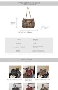 Detailed view of knitted tote bag showing 31cm width dimensions and metal chain strap