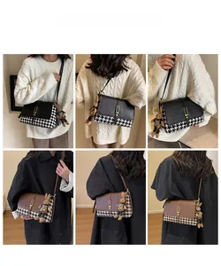 Detailed views of versatile houndstooth crossbody bags in black and brown finishes