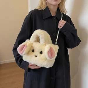 Cute Plush Rabbit Shape Crossbody Bag For Women Sweet Faux Fur Handbag With Artificial Pearl Strap Casual Animal Shoulder Bag Gift