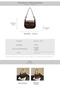 Detailed size chart for retro plaid saddle bag with 19x13x7cm dimensions and wool texture