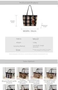 Detailed size specifications for a wool tote bag with classic plaid pattern and bear pendant