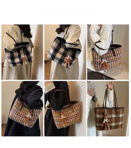 Detailed views of checkered tote bags styled with autumn outfits and plush bunny charms