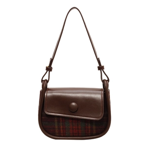 Vintage brown leather and plaid saddle bag with adjustable strap for women