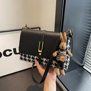 Women Fashion PU Spliced Houndstooth Shoulder Bag Large Capacity Crossbody Handbag With Rabbit Pendant Retro Square Daily Bag