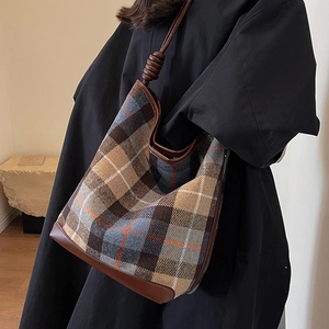 Große Kapazität Plaid Beuteltasche Wollstoff Tweed Umhängetasche Für Damen Britischer Vintage Stil Schulter Tote Tasche Mit Lederbesatz