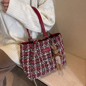 Tweed tote bag with red leather trim and cute rabbit pendant for women casual commute