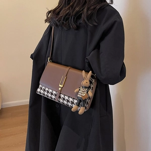 Vintage brown houndstooth crossbody tote bag with cute rabbit charm for women